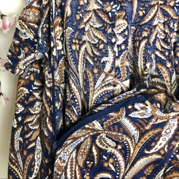 Vintage Blue & Brown Paisley Flowy Zipper Midi Skirt - Picture 5 of 8